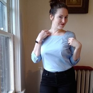 🔥 Talbots | Light Blue Classic Square-Neck Stretch Cotton Blend Career Blouse M